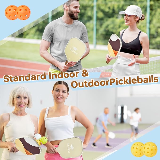 niupipo Pickleball Paddles Set of 2 or 4, USAPA Approved Fiberglass Pickleball Paddle Set with Balls and Bag, Polypropylene Honeycomb Core, Lightweight Pickleball Paddles for Beginners Men Women