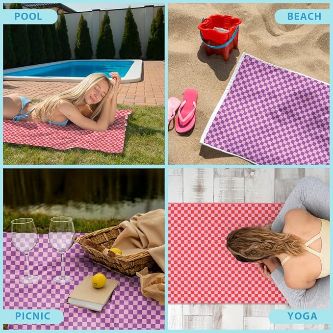 2 Pcs Microfiber Beach Towel, Sand Free Quick Dry Oversized Retro Red Pink Checkerboard, Lightweight Travel Pool Yoga Camping Accessories for Adults, 71 x 32 Inches