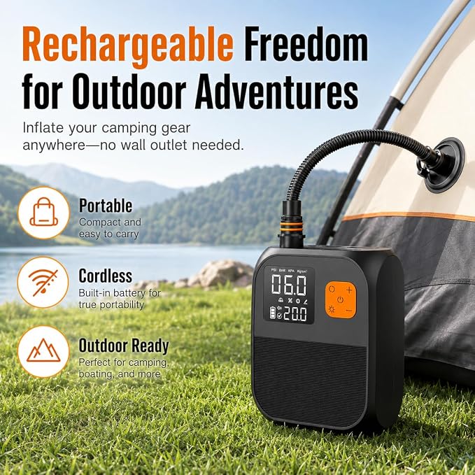 Susbie Paddle Board Electric Pump for Inflatables, Dual Stage Inflation & Deflation, Auto-Off, Wireless & Car Charging, for SUP Paddle Board, Air Mattress, Boat, Tent, Pool Float