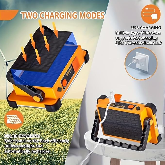 120W LED Solar Work Light, 144 LED 10000LM Portable Flood Light with Stand, 4 Modes Rechargeable, IP65 Waterproof Outdoor Working Light for Camping, Fishing, Car Repair & Mechanics (Yellow 2 Pack)