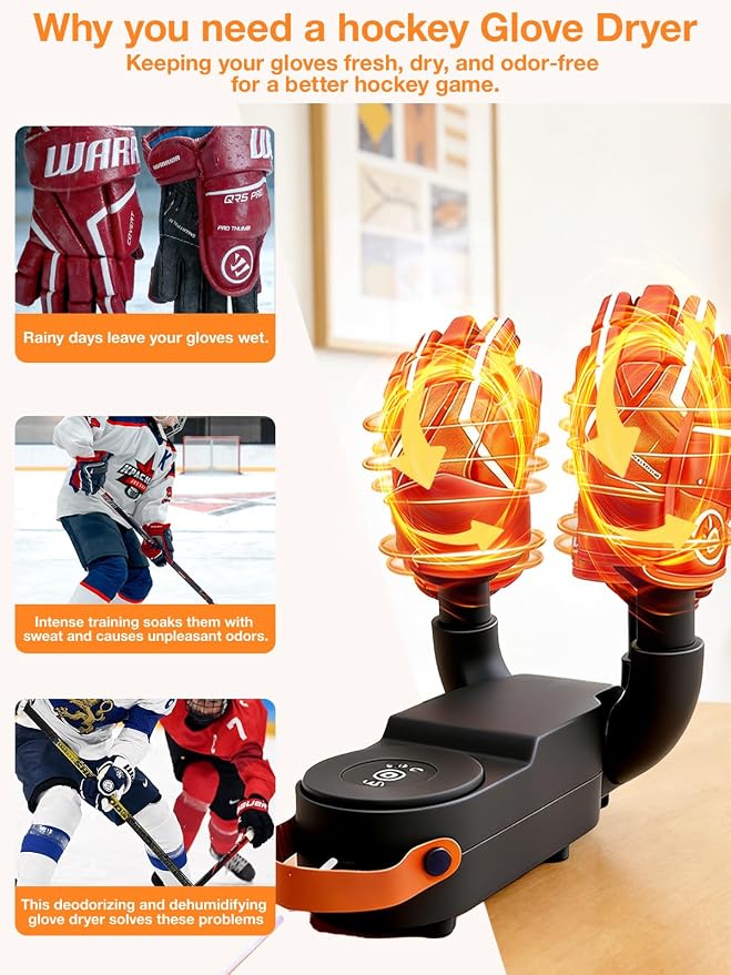 Hockey Glove Dryer, 48°C/118°F Constant Temp Warm Air with Dual Airflow, 0–120 Min Timer Auto Shutoff, Foldable Portable Heat Blower to Dry Hockey Gloves Fast & Help Reduce Odor