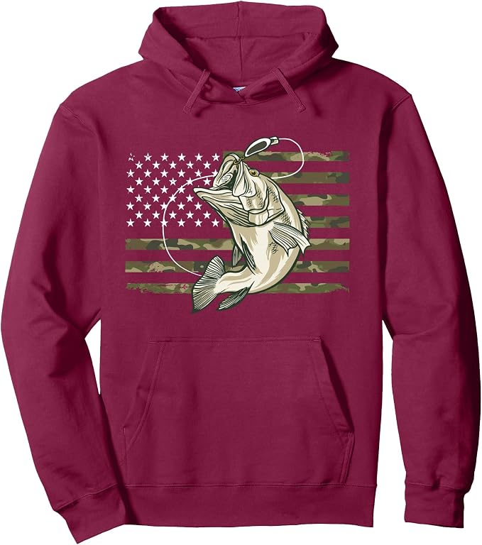 Fishing Camouflage US American Flag Bass Fish Fisherman Camo Pullover Hoodie