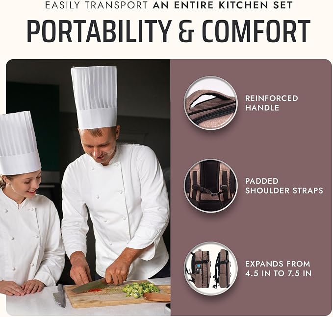 Asaya Chef Knife Backpack with 20-Pocket Knife Roll Bag - Over 30 Storage Pockets Chef Bag, Professional Backpack for Chefs and Culinary Students – Knives Not Included (Brown)