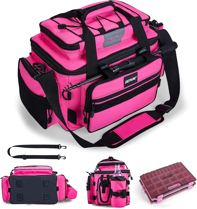 Goture Fishing Tackle Bag with 2PCS 3600 Tackle Boxes | 600D Water-Resistant, Rod Straps, Detachable Bottle Pouch,Waterproof Bottom, Freshwater & Saltwater Gear Storage Fishing Bag