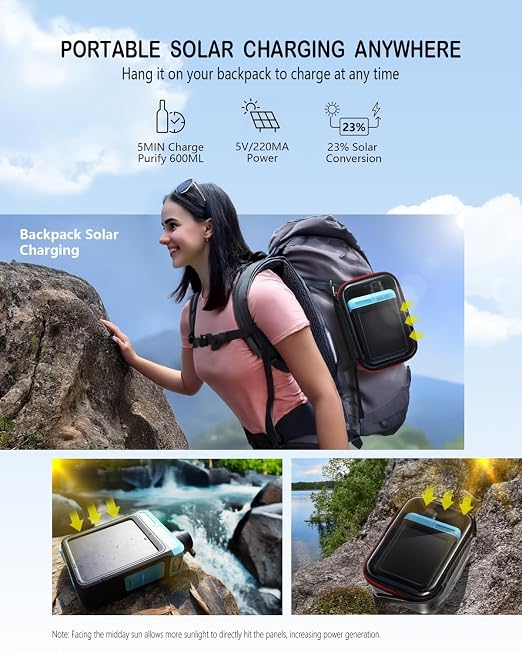 BKLES 3-in-1 Solar Electric Water Filter with Hand Pump - Camping Water Filtration System Survival, Portable Water Purifier with Emergency Light, Survival Kit for Backpacking, Gifts for Father's Day