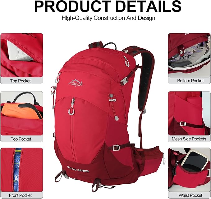 IX INOXTO Hiking Backpack, Camping Backpack, 30L Waterproof Hiking Daypack with 3L Water Bladder and Rain Cover (Red)