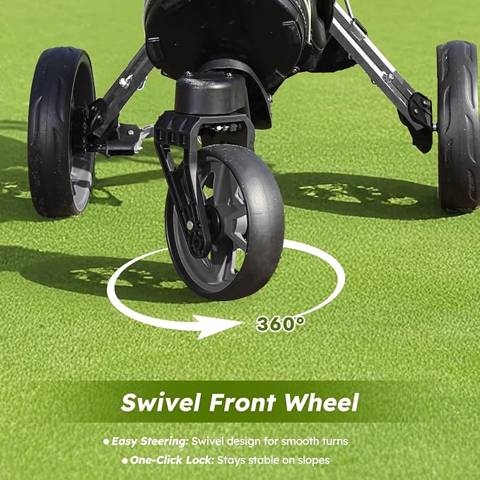 360 Golf Pull Cart: Lightweight Folding Swivel 3 Wheels Golf Caddy with Foot Brake, Cooler Bag, Drink& Umbrella Holder, Gray