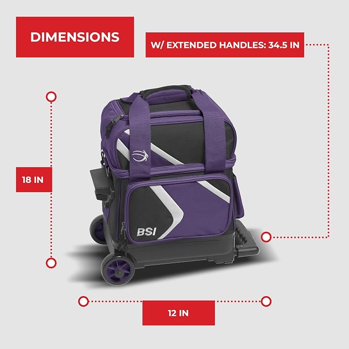 BSI Dash Roller Bowling Bag with Smooth Rolling Wheels, Padded Ball Compartment, Retractable Locking Handle, & Shoe Pocket