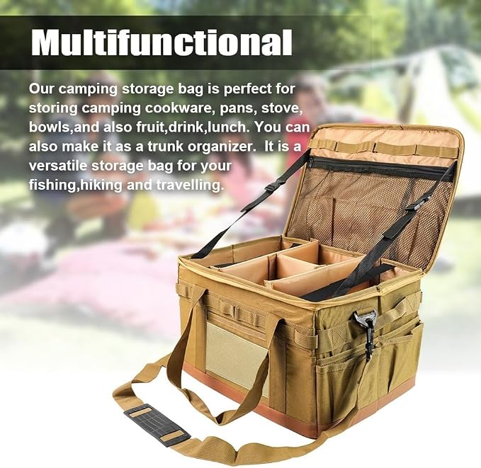 Backpack with Cookware Organizer – Durable Oxford Cloth, Adjustable Shoulder Strap for Camping, Travel, and BBQ, Foldable with Mesh Pockets(Khaki)