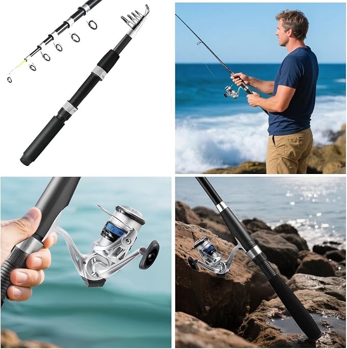 Telescopic Fishing Rod and Reel Combo Set, 2PCS Collapsible Fishing Poles, Fishing Kit with Spinning Reel Fishing Pliers and Lip Gripper, Travel Saltwater Freshwater Fishing Gear for Adults Beginners