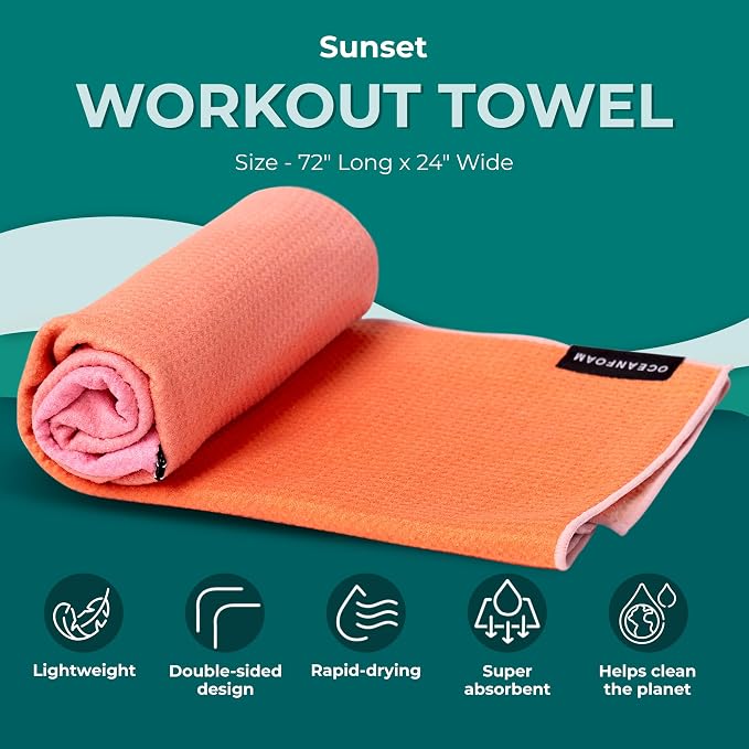 Oceanfoam Beach Towel – Lightweight, Absorbent, Quick-Drying, Sand-Resistant, Non-Slip – Ideal for Workouts, Yoga, Pilates, Beach, Pool, Boat & Travel – 25% Recycled – 72"x24" (Sunset)