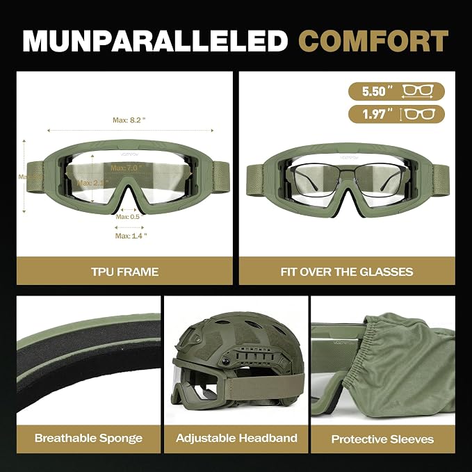 Airsoft Goggles OTG, ANSI Z87.1+ Anti-Fog Tactical Safety Goggles, Impact-Resistant Dust-Proof Eye Protection