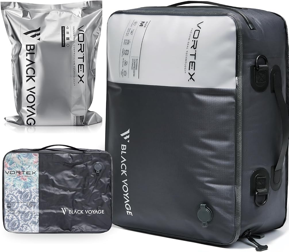 Black Voyage Reusable Vacuum Compression Travel Bag for Carry-On Suitcase and Backpack, Recycled IPX8 Waterproof Space Saver Vacpack (1-Pack, 21L - No Pump)