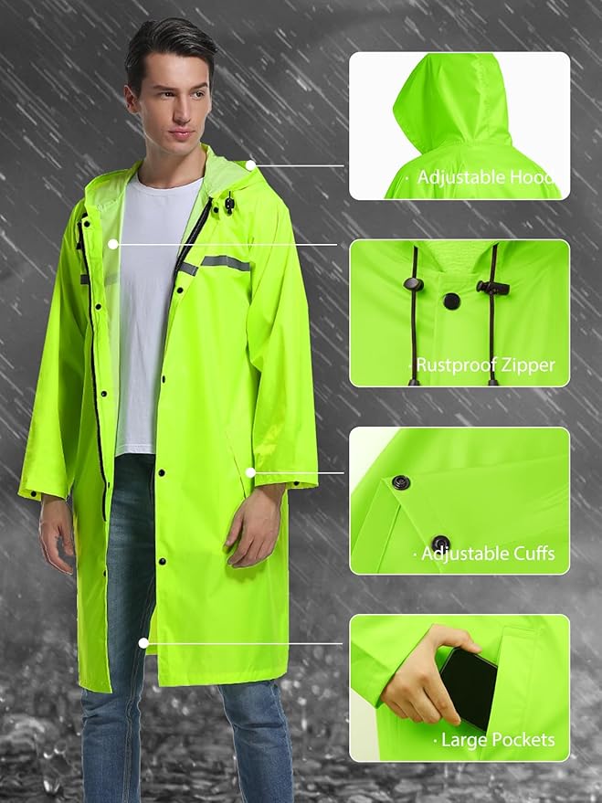 Mens Long Hooded Safety Rain Jacket Waterproof Emergency Raincoat Poncho