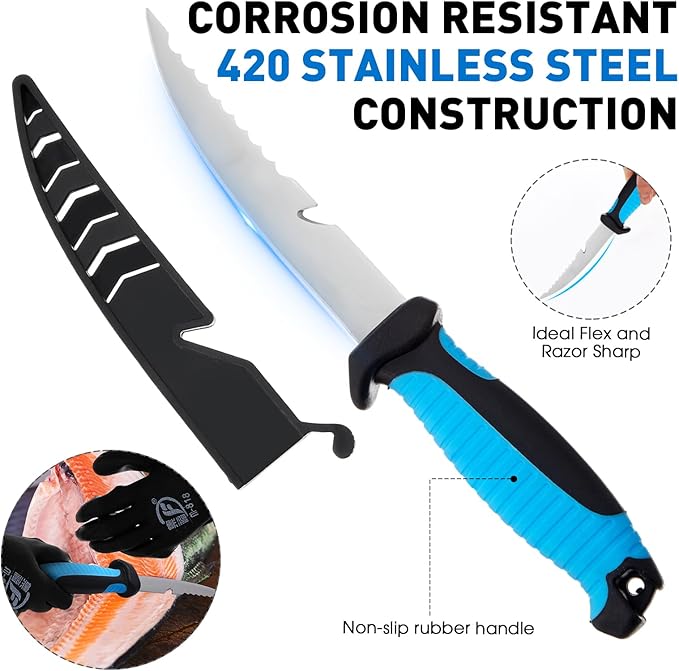 RoundFunny 10 Pcs Fishing Tool Kit, Fishing Pliers with Lanyard and Protective Sheaths, Landing Net, Fillet Knife, Fish Scale, Gripper, Hook Remover, Braid Scissors, Gloves for Men Dad Gift