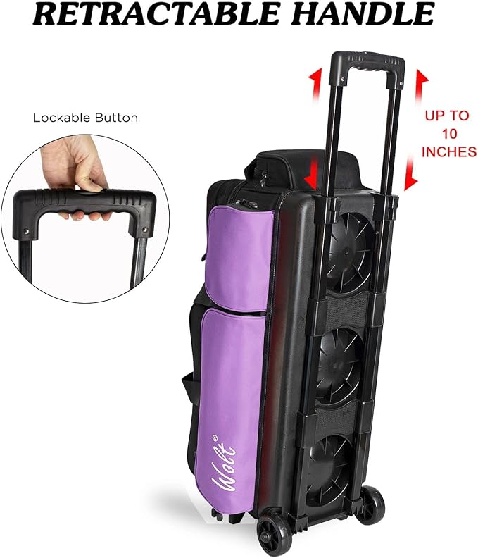WOLT 3 Ball Bowling Bags with Wheels,Bowling Ball Bag 3 Ball Roller with Separate Shoe Compartment and Accessory Pocket, Retractable Handle Extends to 38’’