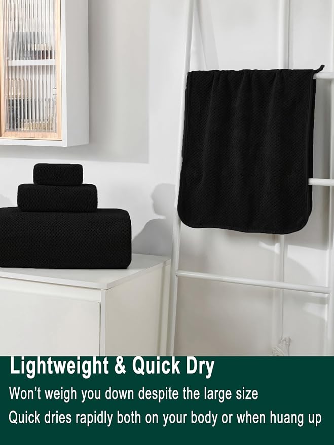 Extra Large Bath Sheets Set 6-Piece, 2 Bath Towels 40x80 Inches, 2 Hand Towels, 2 Washcloths, Soft Absorbent Quick Dry Microfiber Towels for Bathroom Beach Pool Gym Spa, Black