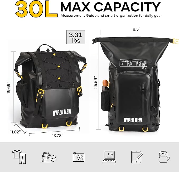 30L Dry Bag Backpack | For Men Women, Breathable back. 500D PVC with roll-top waterproof design.Kayaking, Boating, Hiking, Camping, Fishing, Travel