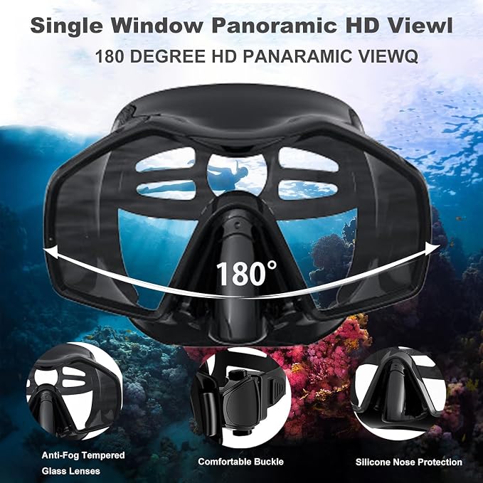 Snorkeling Gear for Adults,Mask Fins Snorkel Set,Panoramic View Diving Mask Anti-Fog,Dry Snorkel,Adjustable Swim Flippers and Travel Bag,Adults Snorkel Gear for Swimming Snorkeling Diving