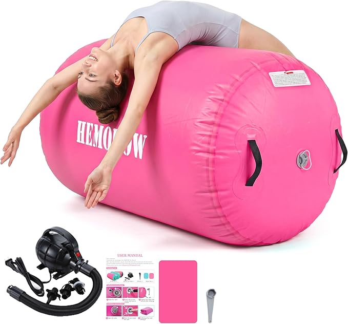 Inflatable Gymnastics Air Barrel Roller with Electric Pump, Heavy Duty PVC Tumbling Barrel Back Handspring Trainer, Air Tumble Track Mat for Home Gym, Cheerleading, Yoga Practice