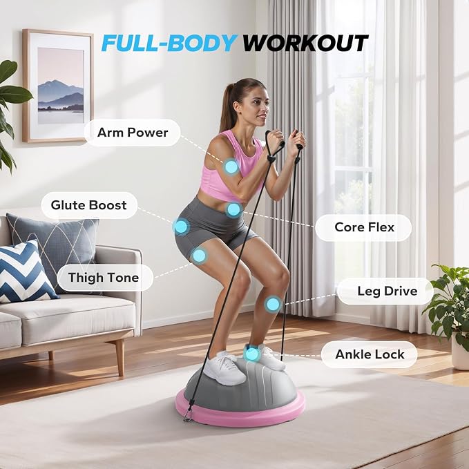 MERACH Balance Ball Trainer, 18 Inch Half Exercise Ball with Resistance Bands and Foot Pump, Half Yoga Ball for Core Strength Training, 450lb Capacity