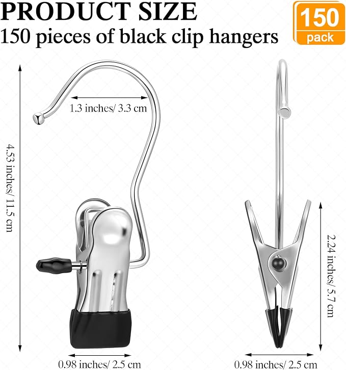 150 Pcs Boot Hangers Clips Laundry Hooks Hanging Stainless Steel Clothes Pins Portable Clip Hangers for Closet Travel Socks Pants Handbags Hats Towels (Black)