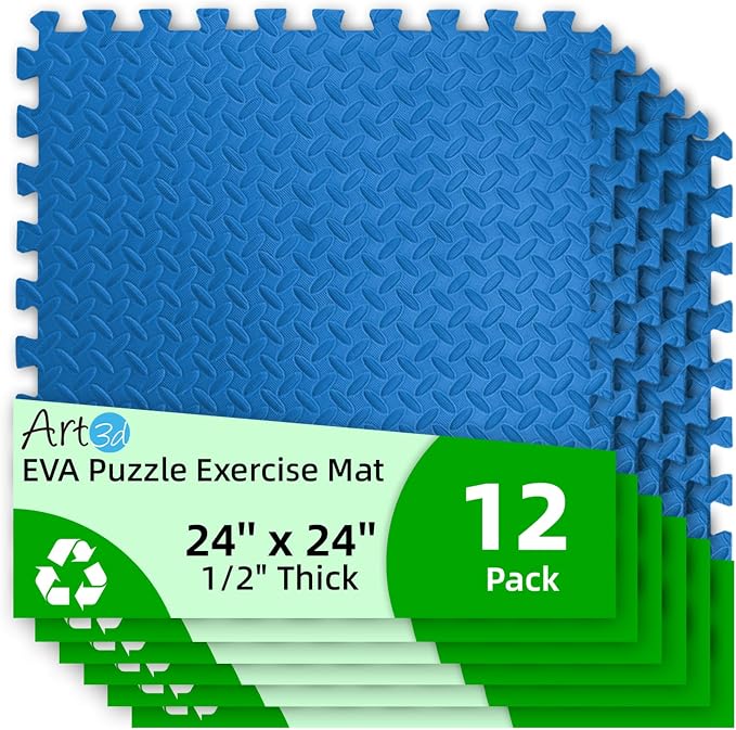 Art3d 12 Pack 24" x 24" EVA Interlocking Exercise Mats, 1/2" Thick Foam Puzzle Flooring for Workout, Gym Equipments, Training Areas, 48 Sq.FT, Blue