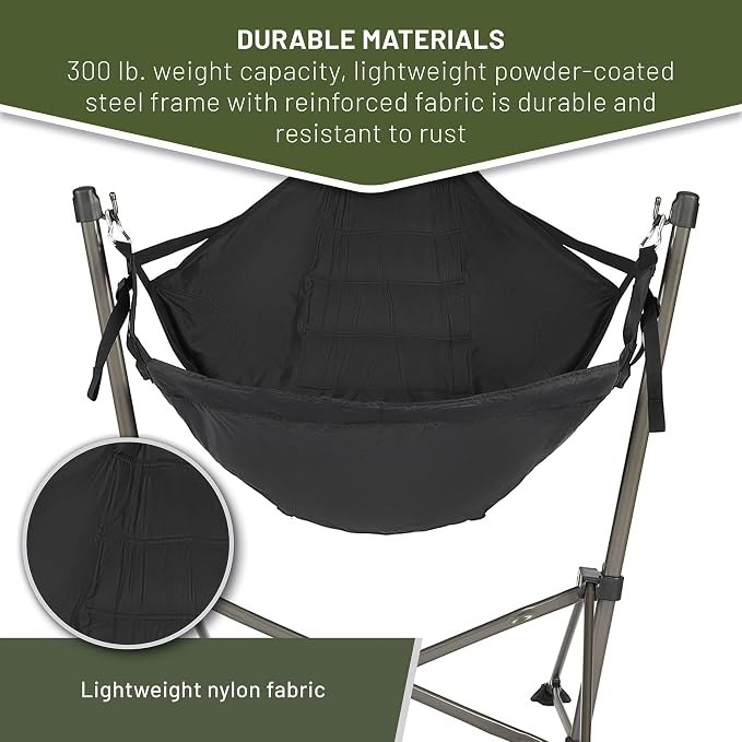 Timber Ridge Portable Hammock Camping Chair, Padded Folding Swing Hammock Chair with Stand, Heavy Duty Hammock Camp Chair with Carry Bag for Outdoor Beach Patio, Supports 300lbs, Black