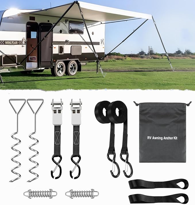 RV Awning Tie Down Kit for Wind-Proof - WanDwel Heavy Duty Camper Anchors Canopy Support Part with Shock Absorbing Spring & 13ft Ratchet Straps for Outdoor Travel Trailer Accessories Set