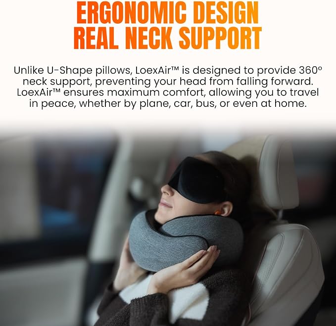 LOEXAIR™ Hooded Pro Travel Pillow - Memory Foam Neck Support Pillow for Airplane, Flight - Super-Soft Pure Cotton Fabric, Maximum Privacy & Light-Block Design, Lightweight Full Travel Kit - Light Grey
