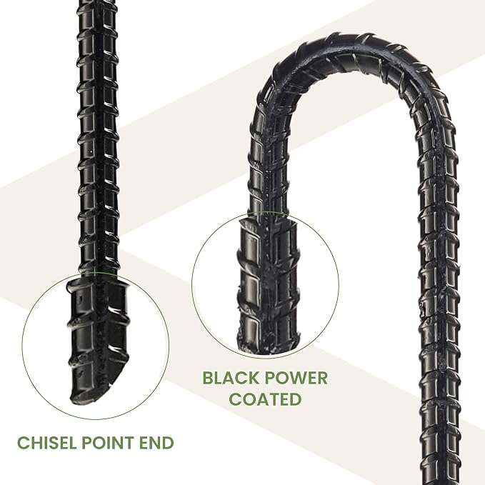24” Set of 8 Ground Rebar Stakes Heavy Duty J Hook Ground Anchors, Curved Steel Plant Support Garden Stake with Chisel Point end, Hammer Through Hard Soil for Camping Tent - Black Powder Coated