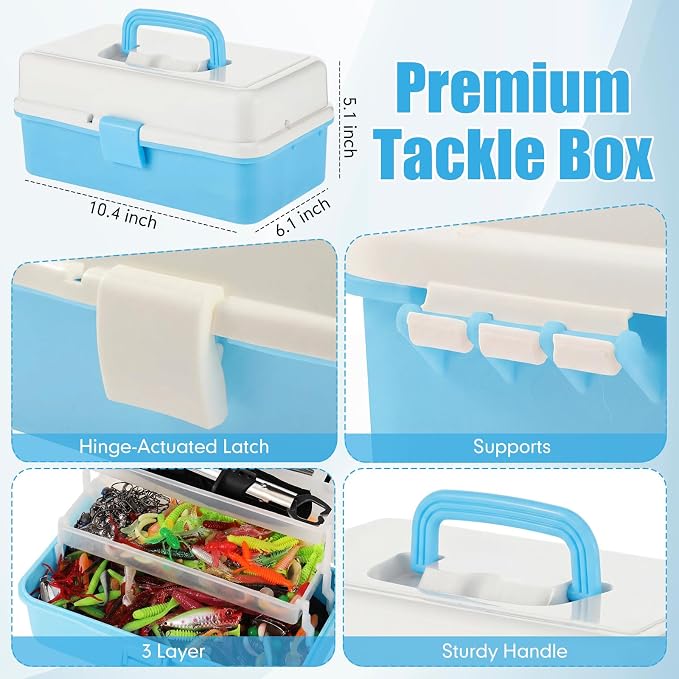 RoundFunny 3 Layers Fishing Tackle Box 414 Pcs Fishing Gift Lures Gear Kit with Tackle Included Pliers Lip Gripper Bait Hook Accessories for Beginner Fisherman Women Men, Fit Bass Trout