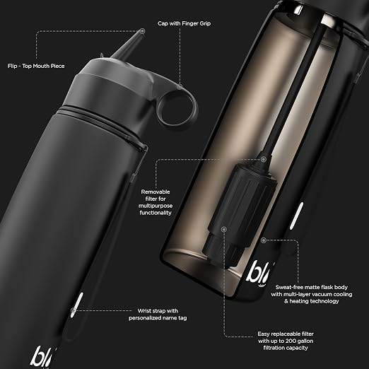 BLU All-in-ONE | Vacuum Insulated Stainless Steel Water Bottle Flask with a Filter (26oz) | Made in The USA | Removes 99.99% contaminants (Regular - Blue)
