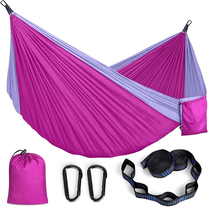 MOSFiATA Camping Hammock, Lightweight Parachute Hammock Up to 700lbs with 2 Tree Straps and Attached Carry Bag Portable Outdoor Hammock for Backpacking Hiking Travel (Pink Purple)