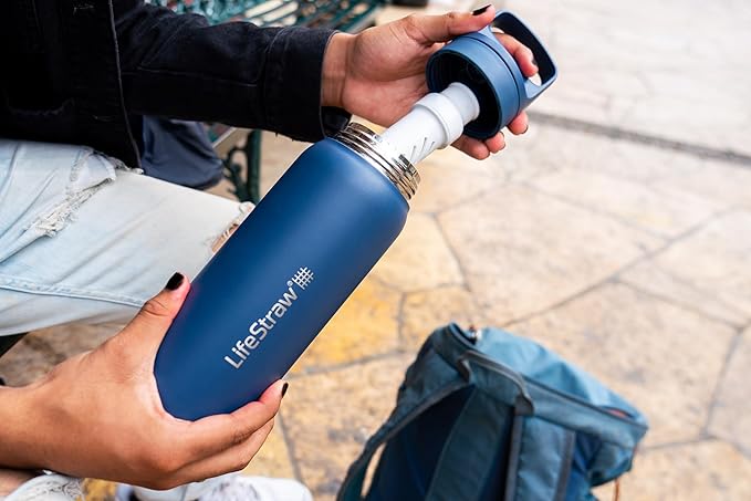 LifeStraw Go Series — Insulated Stainless Steel Water Filter Bottle for Travel and Everyday Use Removes Bacteria, Parasites and Microplastics, Improves Taste, 24 oz, Nordic Noir