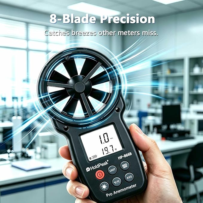 HoldPeak 866B Digital Anemometer, Handheld Wind Speed CFM Meter, HVAC Air Flow Velocity Gauge Tester with Backlight, Outdoor Wind Gauge for Drone Sailing Shooting