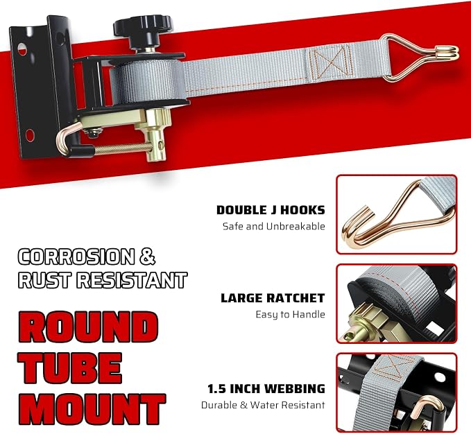 Rack Straps with J-Hook (4PK),1.5" x7.5' Ladder Rack Ratchet Straps, 2" Round Tube Mount, Perfect Ladder Rack Tie-Downs for Trailer Cargo Control