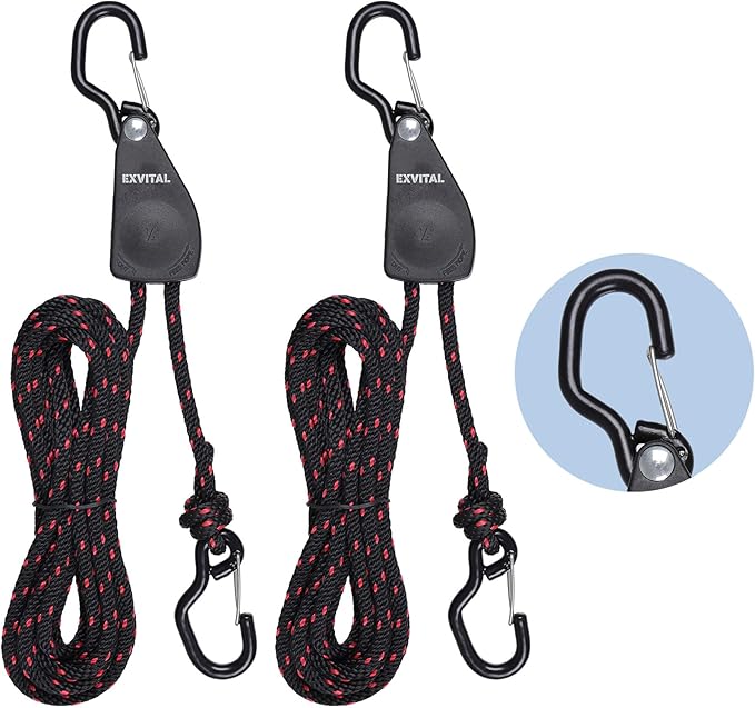 2PCS Kayak Rope Tie Down Ratchet Straps 1/4" ×12' Bow and Stern Tie Down Kayak with Safety S Hook Heavy Duty Ratchet Rope Black