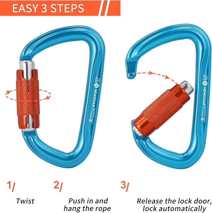 NewDoar 28KN UIAA & CE Certified Auto Climbing Carabiner Professional Heavy Duty Caribeaner for Rappelling D-Shaped