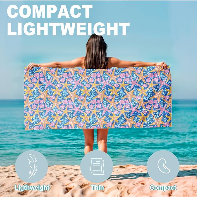 2 Pcs Microfiber Beach Towel Sand Free Quick Dry Oversized Lightweight Nautical Starfish Seashell Print Pink Blue Yellow Bath Towels for Travel Pool Swim Yoga 71 x 32 Inches