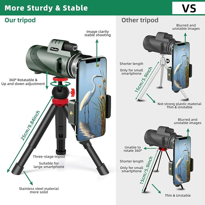 40x60 HD Monocular Telescope for Adults with Smartphone Adapter Tripod Hand Strap, Hand-held Monocular for Adults with BAK4 Prism&FMC Lens for Birdwatching Hiking Concert Travelling