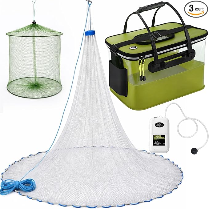 3 Pcs Fishing Bucket, Live Bait Aerator and Fishing Cast Net with Heavy Duty Sinker Foldable Live Bait Bucket Portable Quiet Aerator Fish Transport Container Outdoor EVA Bag