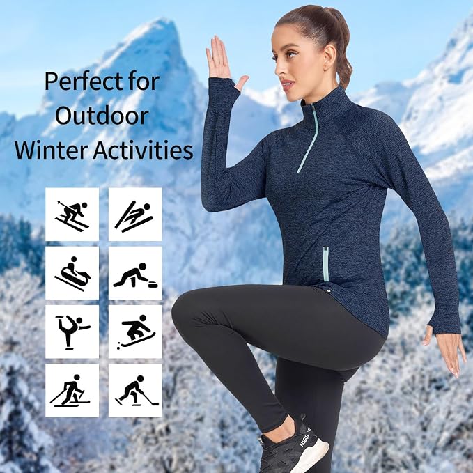 Soneven Women's Thermal Fleece Running Shirts Warm Winter Pullover Cold Weather Workout Hiking Tops with Thumb Holes Pockets