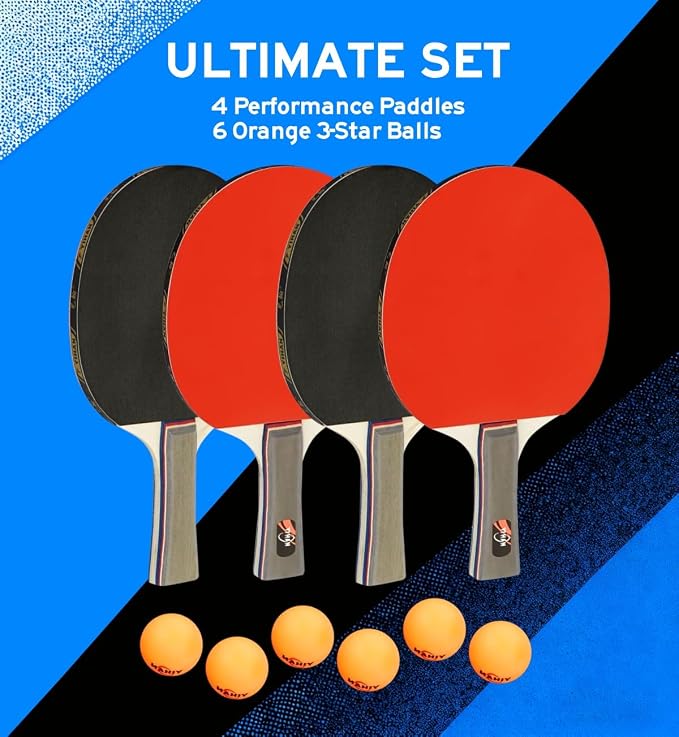 Family Premium Ping Pong Paddles Set of 4 - Advanced Table Tennis Rackets, 6 Training Ping Pong Balls, Competitive or Recreational Play - Indoor and Outdoor Compatible