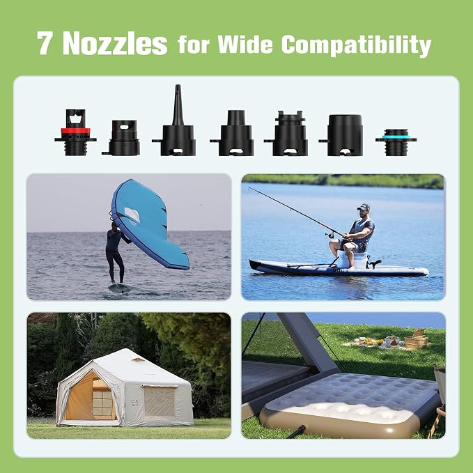 Electric SUP Air Pump with Battery, 20 PSI High Pressure Rechargeable Paddle Board Pump, Dual Stage Inflation, Auto Shut-Off for Kayak, Kite Wings, Tents & Air Mattresses