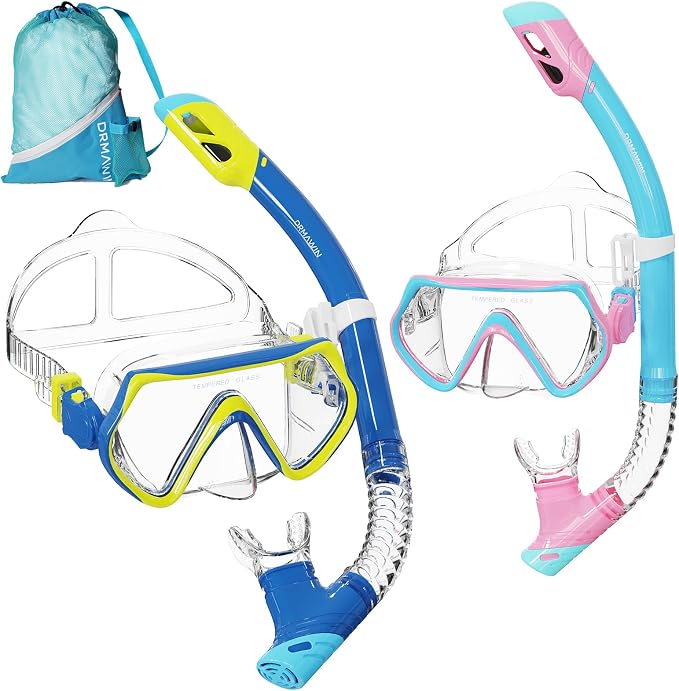 DRMAWIN Snorkeling Gear for Adults & Kids, Dry-Top Snorkel Set with 180° Tempered Glass Mask, Anti-Fog Anti-Leak, Travel Mesh Gear Bag