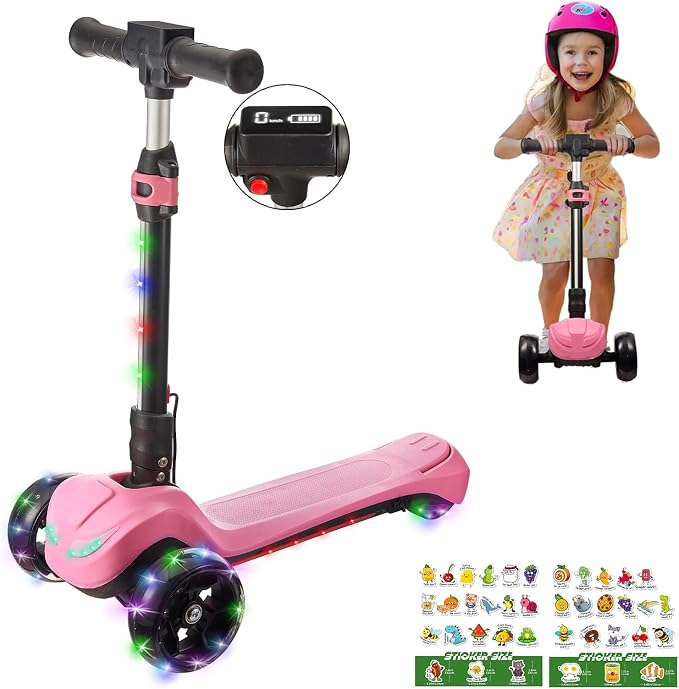 3 Wheel Electric Scooter for Kids Ages 3+, LCD Display, Colorful Lights, Reliable Thumb Throttle, 3 Adjustable Height, 5Mph Safe Speed and Long Range, Foldable Kids Electric Scooter
