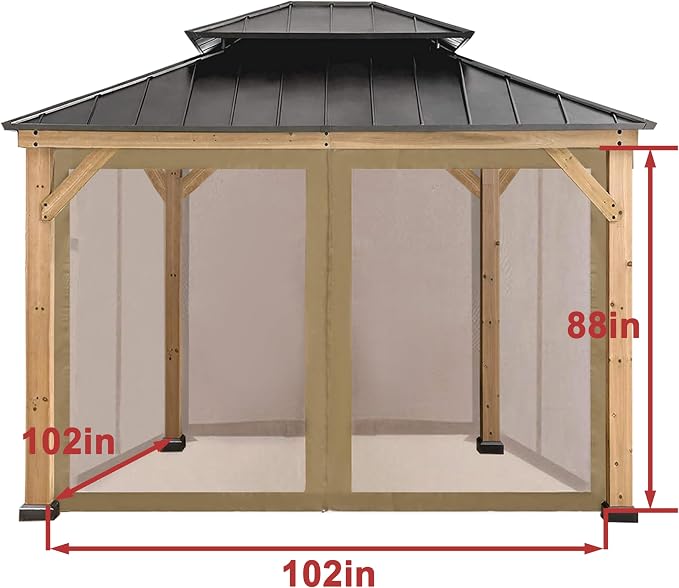 Coastshade Gazebo Canopy Mesh Walls Replacement 8x8 Gazebo Pergola Mosquito Screen Netting for Gazebos with 42Curtain Rings & 42Rail Hooks,Khaki