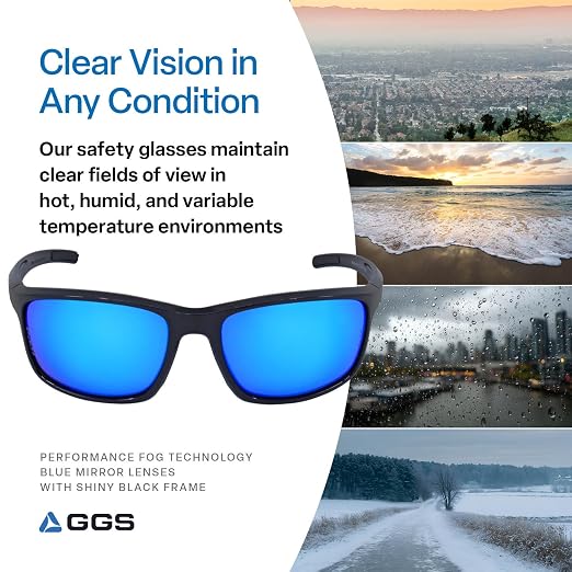 Bullhead Safety Eyewear Pompano Glasses – Anti-Fog, Lightweight, Scratch Resistant, UV Light Blocking Sunglasses for Driving, Golf, Boating, Outdoor Work, Blue Mirror Lens
