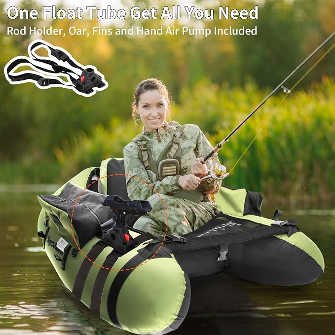 Fishing Float Tube with Adjustable Backpack Straps, Storage Pockets, Fish Ruler, Fly Fishing Boat with Pump, Oar, Rod Holder and Mount, Fins, 350LBS Load Bearing Capacity, FT003